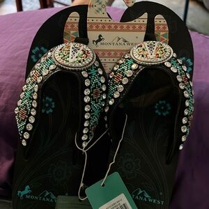 Brand, new black and green with flakes of orange Montana West sandals